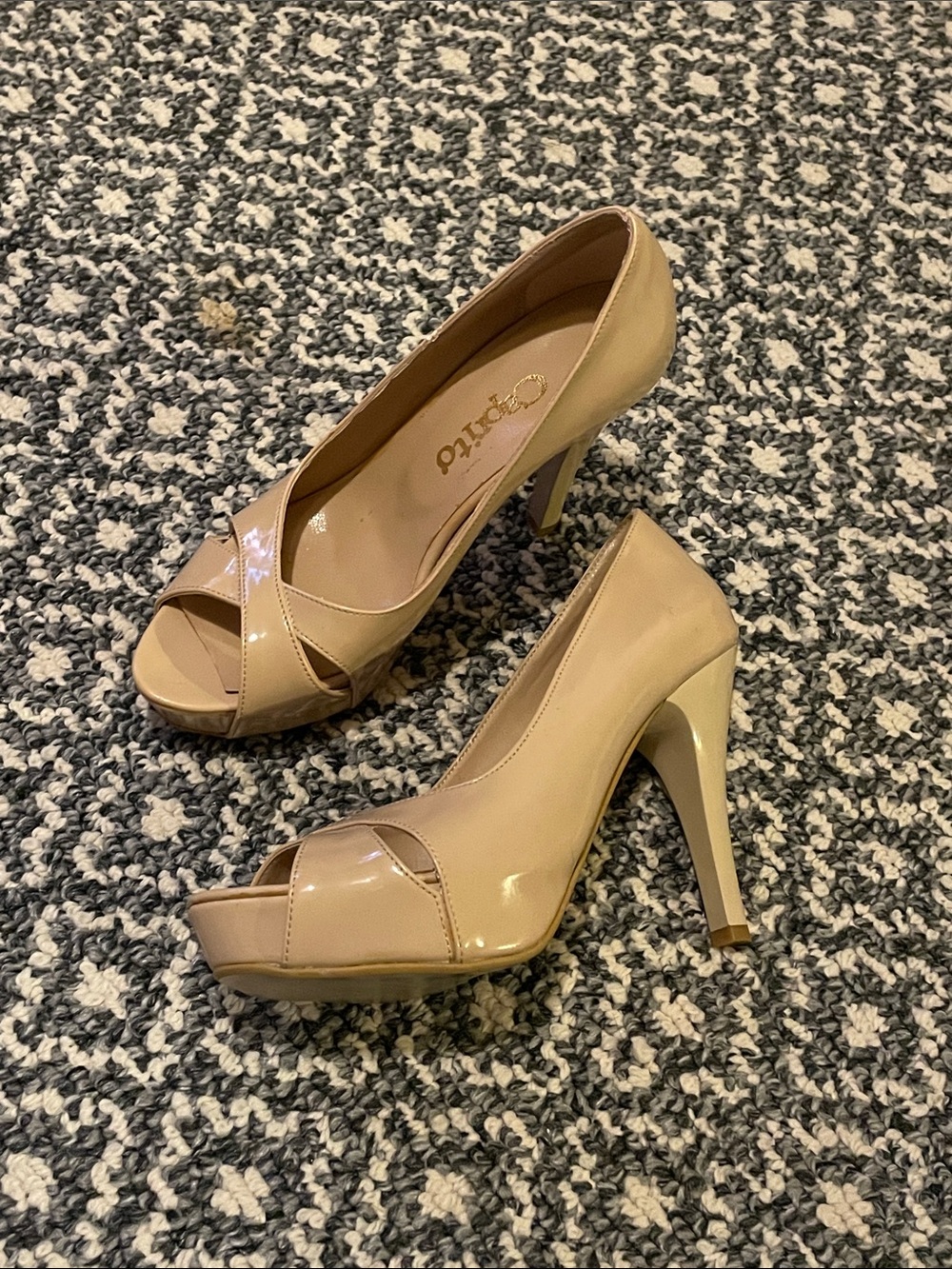 Qupid Nude Patent Peep Toe Platform Stiletto Heels